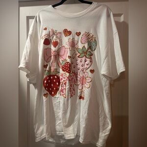 White T-Shirt with Strawberry and Heart Design